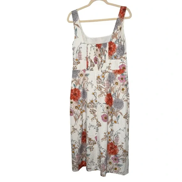 Ann Taylor Floral Linen Blend Smocked Midi Dress White Orange Pink 6 NEW $179 - Picture 3 of 16